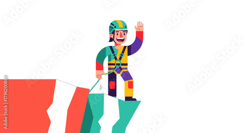 Adventurer Reaches The Summit While Waving Hand With A Colorful Outfit And Gear