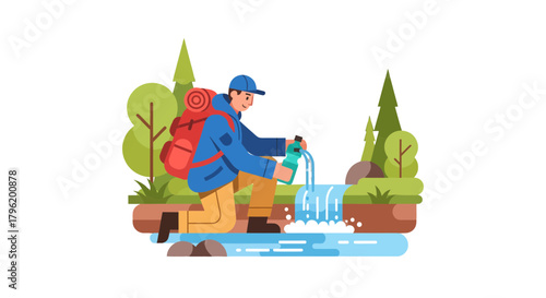 Adventurer Refills Bottle From Natural Waterfall in Serene Forest Setting Illustration