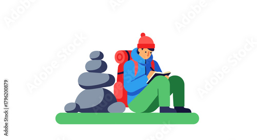 Adventurer Reads, Contemplating Thoughts, Near Balanced Rocks, Minimalist Illustration