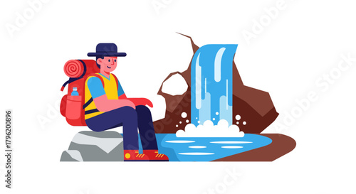 Adventurer Contemplating Scenic Waterfall, Enjoying Nature's Tranquility, and Wilderness