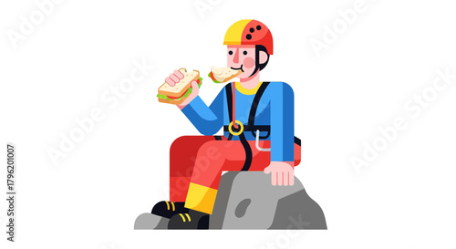 Adventurer Eating Sandwich After A Climing Exercise And Taking Rest on Rock