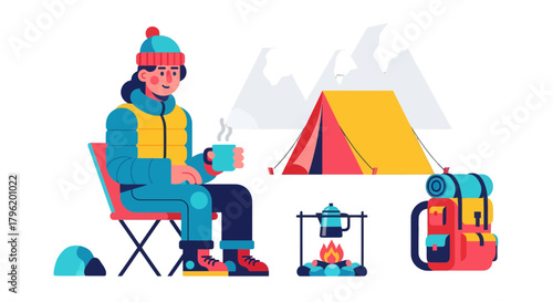 Adventurer Enjoying Coffee Beside Tent and Mountains During Camping Trip