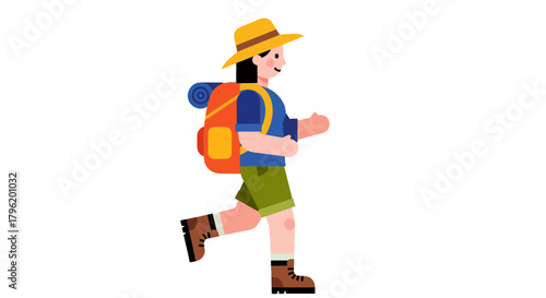 Adventurer Embarks On Hike Wearing Backpack And Hat In Dynamic Flat Illustration