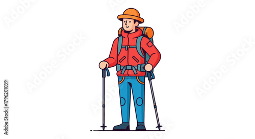 Adventurer Standing With Gear And Poles On Dark Background Vector Illustration