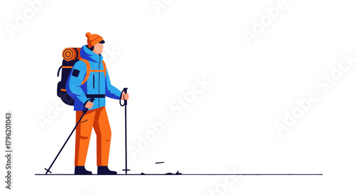 Adventurer Standing on the Horizon With Backpack and Hiking Poles Vector Illustration