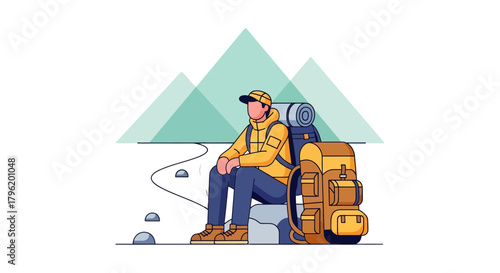 Adventurer Enjoying Peaks View With Backpack And Outdoor Gear, Cartoon Style.