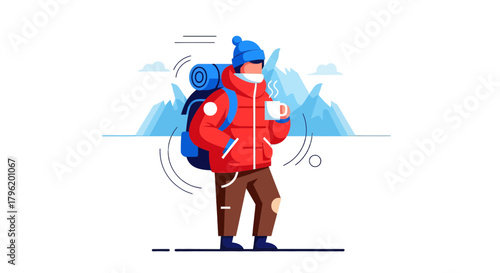 Adventurer Enjoying Warm Drink: An Illustration of Mountain Exploration and Beverages