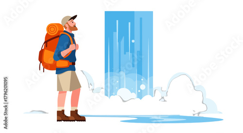 Adventurer Staring At A Stunning Waterfall Display Amidst Wilderness Scenery and Tranquility