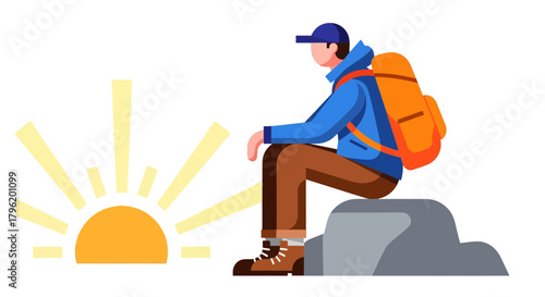 Adventurer Staring at the Sunrise, Contemplating Future Journeys, Vector Illustration