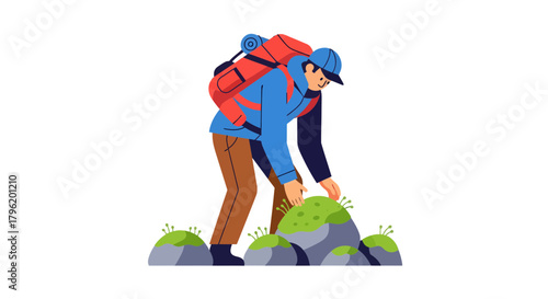 Adventurer Exploring Mossy Rocks With Backpack Ready For A New Journey Experience