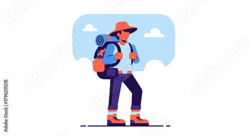 Adventurer Strolling Forward With Backpack Under Clear Sky Artistic Illustration