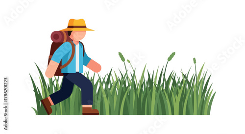 Adventurer Strolling Through Lush Green Fields Under A Yellow Sun Hat On A Hike Journey