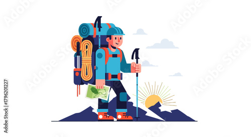 Adventurer Strolling Towards Sunshine on Mountain Top in The Great Outdoors