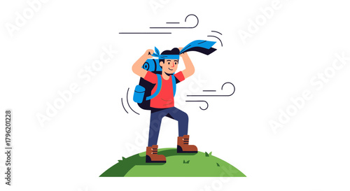 Adventurer Facing Strong Winds on a Hill: Outdoor Travel and Hiking Illustration
