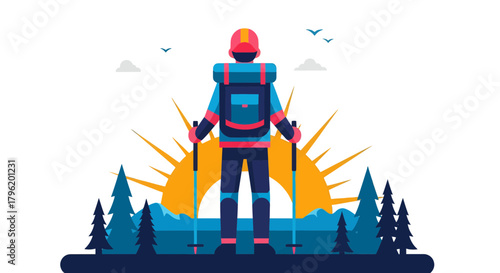 Adventurer Facing The Sunset With Camping Backpack Ready for New Expedition Adventure