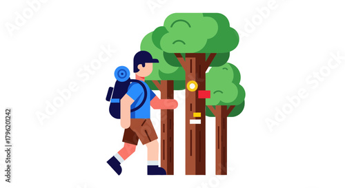 Adventurer Traversing Forest Trail Depicted in Modern Flat Design Illustration