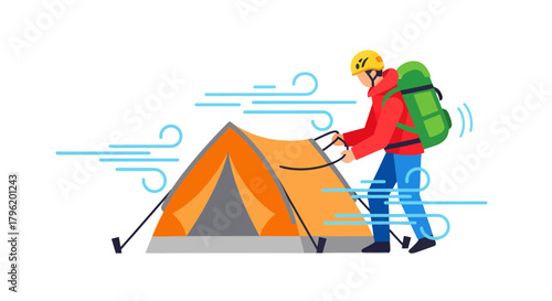 Adventurer Facing Wind While Setting Up Tent in Isolated Wilderness, Flat Vector Illustration