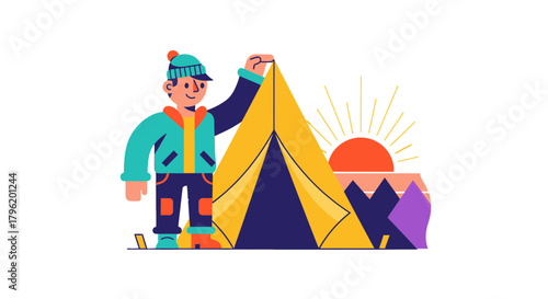 Adventurer Erecting Tent Under Rising Sun On The Mountains Ready For Camping Overnight