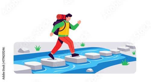 Adventurer Traversing Mountain Stream, Backpack Journey, Vector Illustration, Isolated on Black