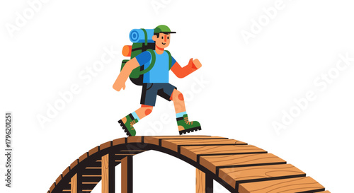 Adventurer Traversing Curving Wood Bridge Over Dark Abyssal Void Vector Illustration