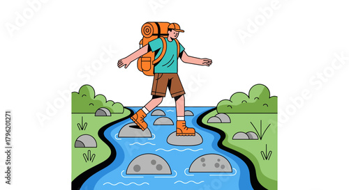 Adventurer Traversing The River Exploring Nature's Beauty Illustrated With A Colorful Design