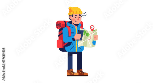 Adventurer Using Map and Smartphone for Navigation Against a Black Background