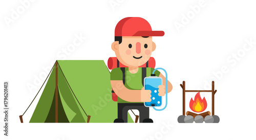 Adventurer In Wilderness With Tent, Fire, And Hydration System Under The Open Sky