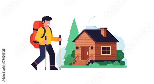 Adventurer Next To Cabin: Discovering Nature And Finding Peace In Wilderness