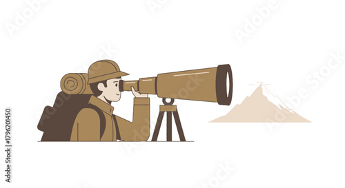 Adventurer Using Telescope to Observe Mountain Peaks Against Black Background Scene