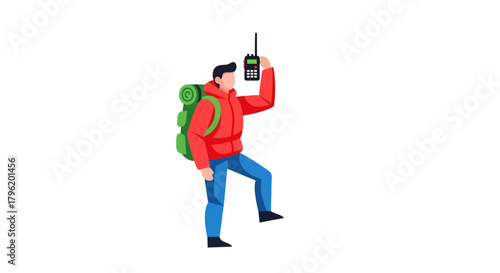 Adventurer Using Walkie-Talkie in Black Background, Communication in Nature Scene