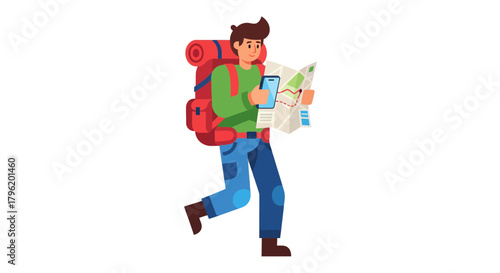Adventurer Using Technology and Maps During a Voyage in Illustrated Flat Vector Style