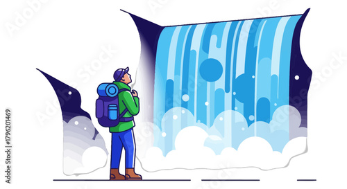 Adventurer Observing A Cascade, Contemplating A Magnificent Mountain Waterfall
