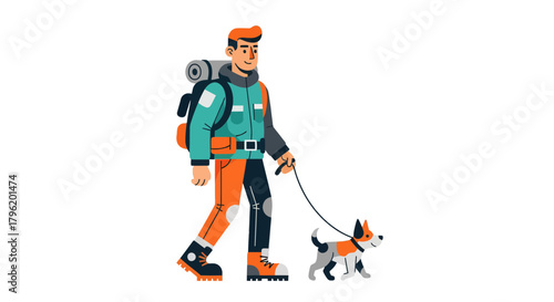 Adventurer Walking Happily With His Playful Canine Companion On A Black Background