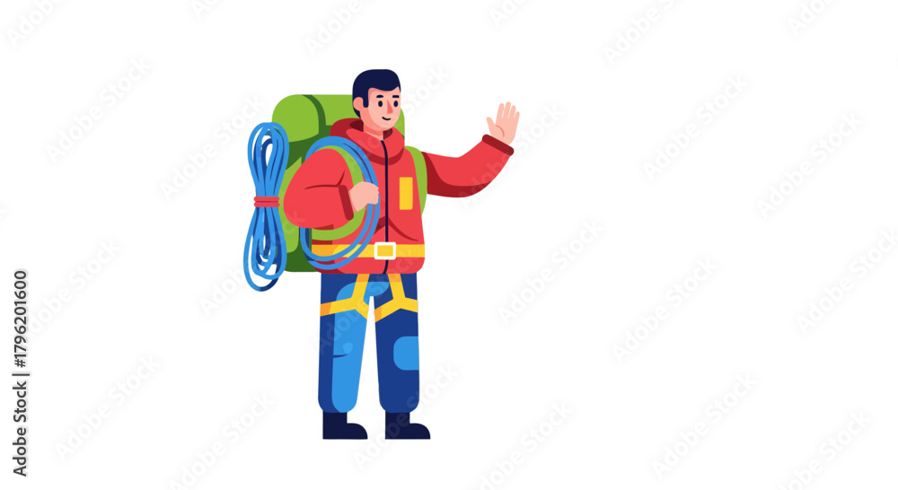 Obraz premium Adventurer With Backpack Raises Hand in Energetic Greeting Against Monochrome Background