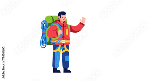 Adventurer With Backpack Raises Hand in Energetic Greeting Against Monochrome Background
