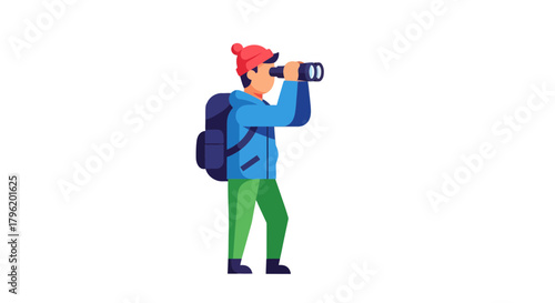 Adventurer Observing the Horizon with Binoculars Against Plain Black Background