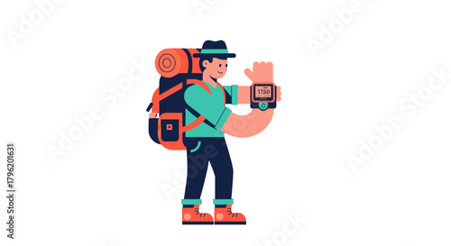 Adventurer Observing Time On His Watch During Hike Outdoors After Reaching Destination