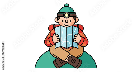 Adventurer With Headlamp Inspecting The Map While Sitting On The Green Ground