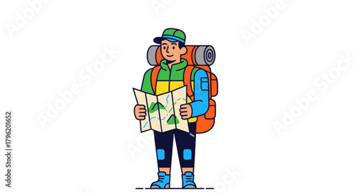 Adventurer Planning His Trek Holding Map In The Wilderness, Ready To Explore Nature