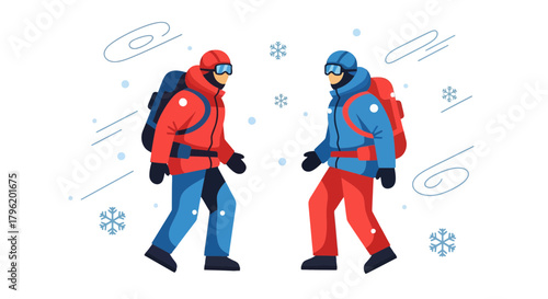 Adventurers In Winter Clothes Walking Against Black Background With Snowflakes