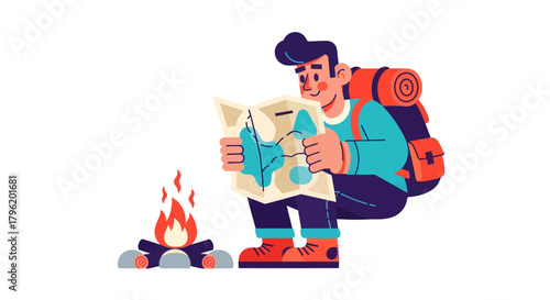 Adventurer Planning His Trek Next To A Campfire Finding The Route On The Map