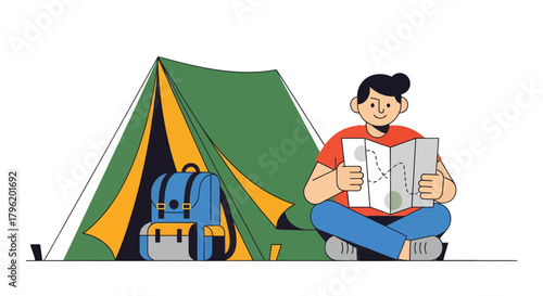 Adventurer Planning His Trek Next To Tent And Backpack Before Exploring The Wild Outdoors Scene