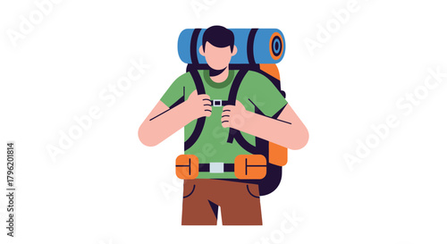 Adventurer Prepares For Expedition With Backpack On In Bright Color Illustration