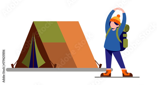 Adventurer Prepares For The Excursion Outside A Tent In The Wilderness Setting