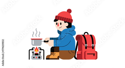 Adventurous Camper Cooking Meal Over Small Stove in Simplistic Illustration