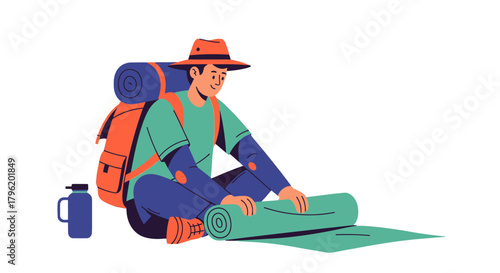 Adventurer Prepares For The Journey: Unrolling Sleeping Mat for Camping Adventures