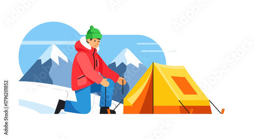 Adventurous Camper Pitching Tent in Snowy Mountains, Vector Illustration