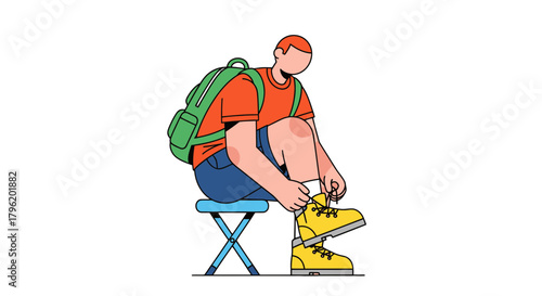 Adventurer Prepares For The Journey, Tying Boots On A Portable Seat, Ready To Explore Nature