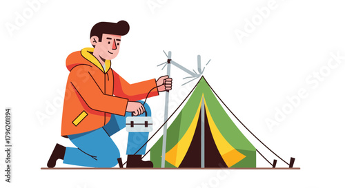 Adventurous Camper Sets Up Tent in Isolated Wilderness Preparing for Overnight Stay