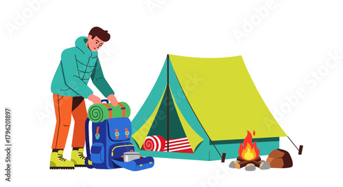 Adventurer Prepares For The Night At Camping Site, Campfire And Tent Ready For Adventure